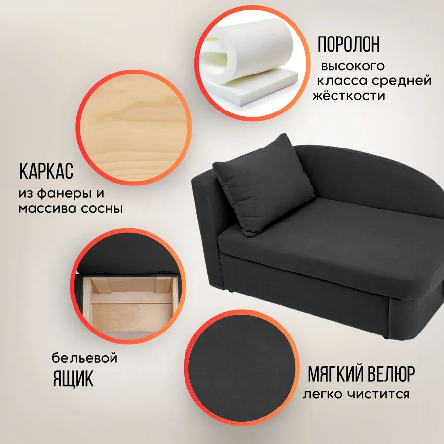 Диван-кровать левая 1050 графит Brendoss в Сысерти - sysert.mebel-e96.ru